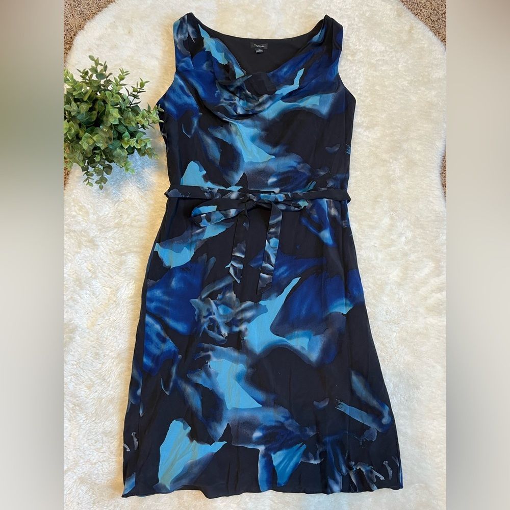Any Taylor Blue and Black Silk Blend Cowl Neck Belted Sleeveless Dress, Size 10